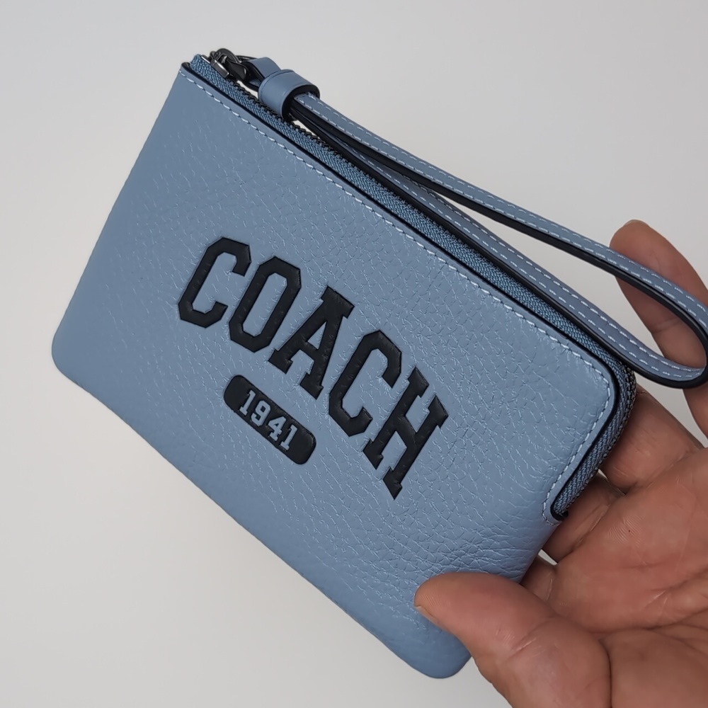 Coach CR393 Corner Zip Wristlet With Varsity Gunmetal/Cornflower
